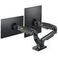 Dual screen monitor bracket in lifting style, made from aluminium and black ABS plastic.