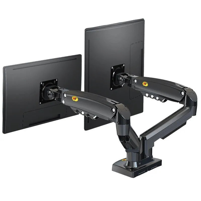 Dual screen monitor bracket in lifting style, made from aluminium and black ABS plastic.