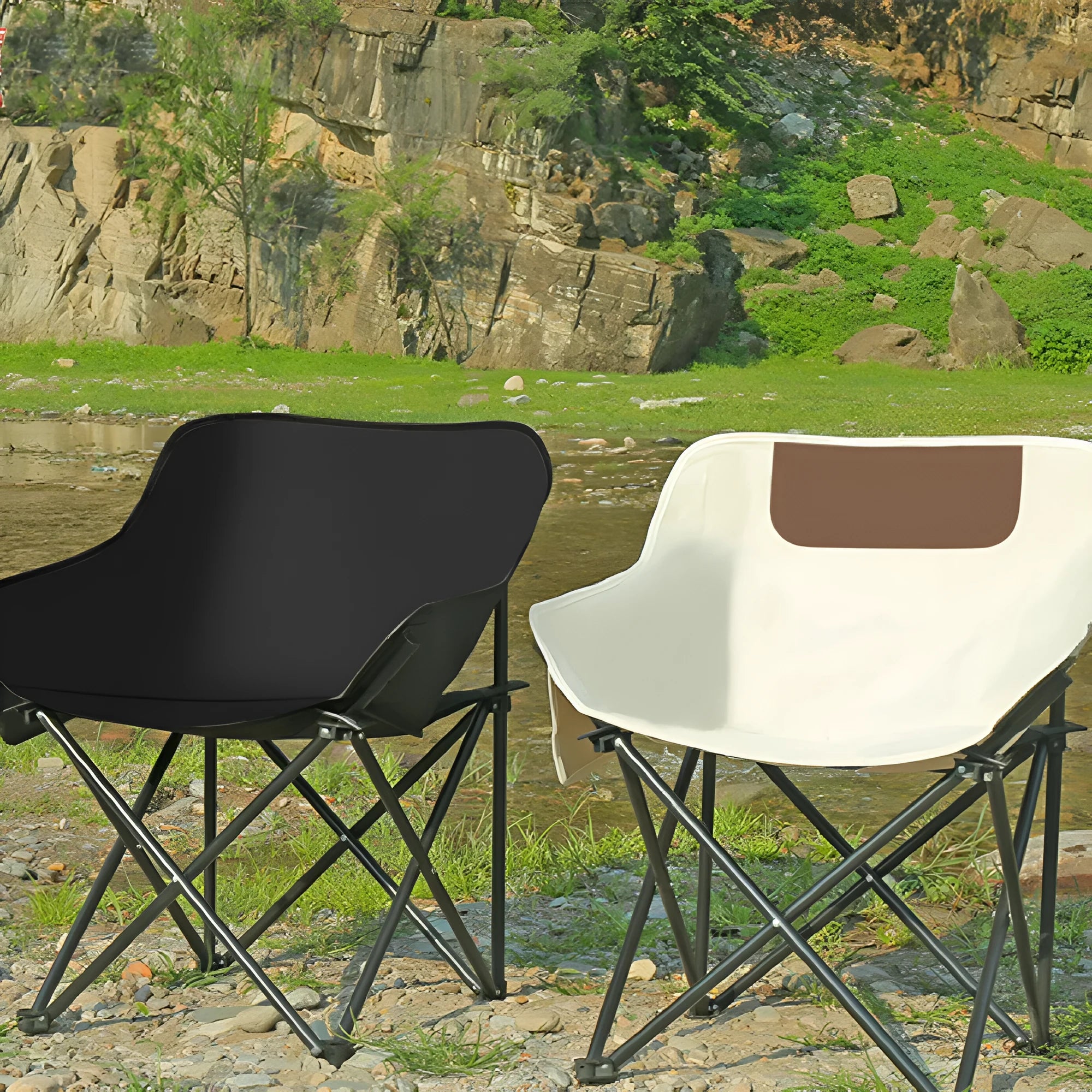 Camping outdoor folding chair in khaki with steel frame and 600D Oxford cloth, shown in a garden setting