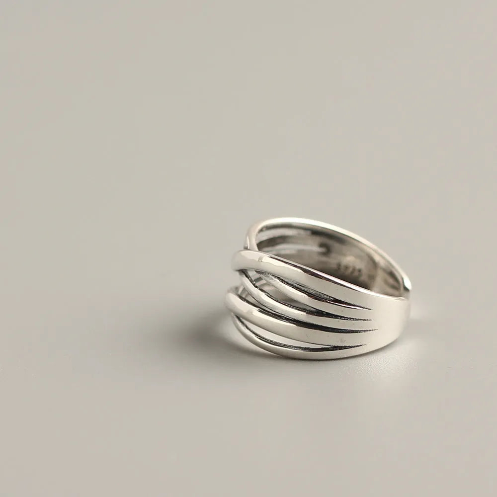 S925 sterling silver vintage weave ring for women, retro silver finish, handcrafted weave band