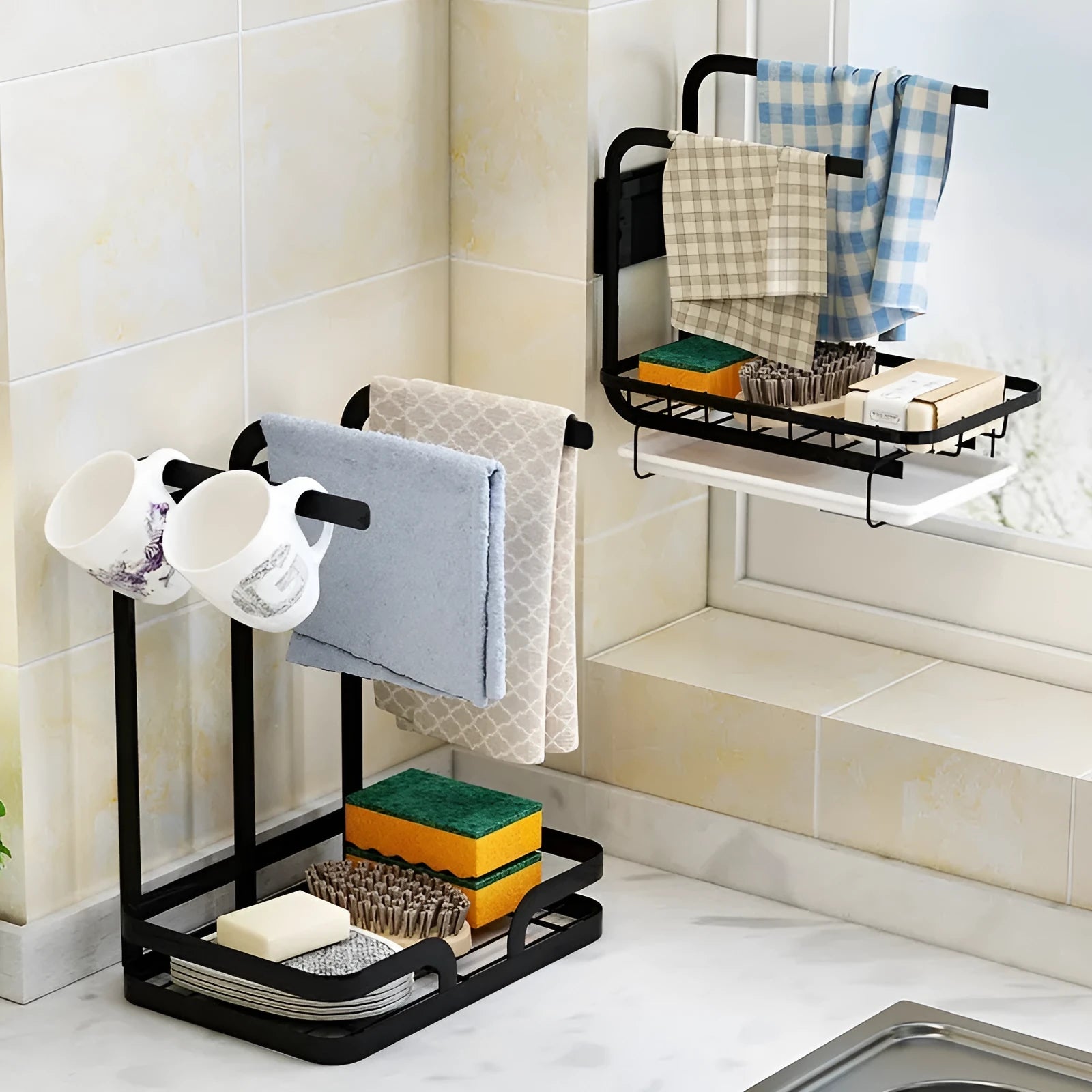 Foldable plastic kitchen storage rack in new Chinese style for wall mounting or desktop use.