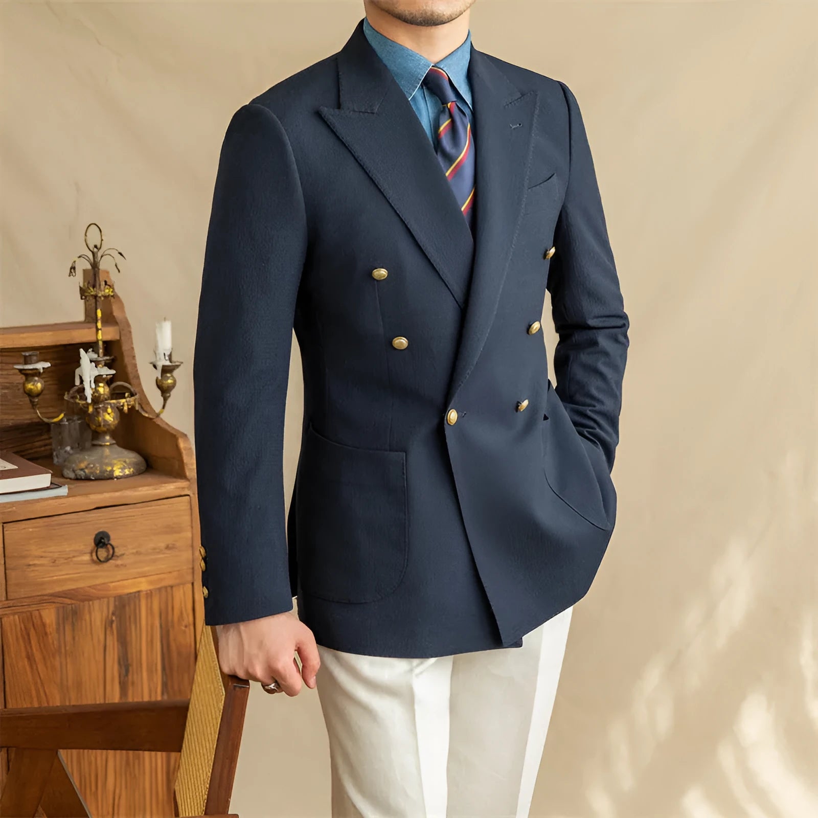 Men's half-lined seersucker blazer with two double-breasted buttons in milky white cyan