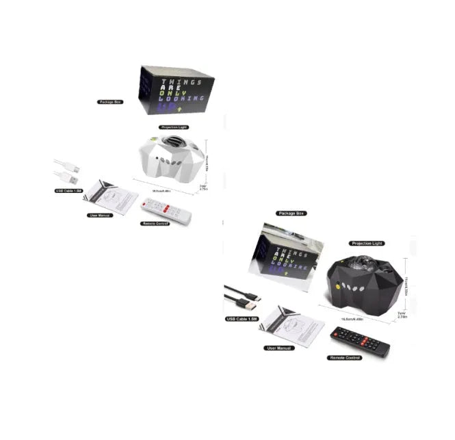 USB Bluetooth music star projector lamp with remote control, showing water pattern and green laser projection in a dark room