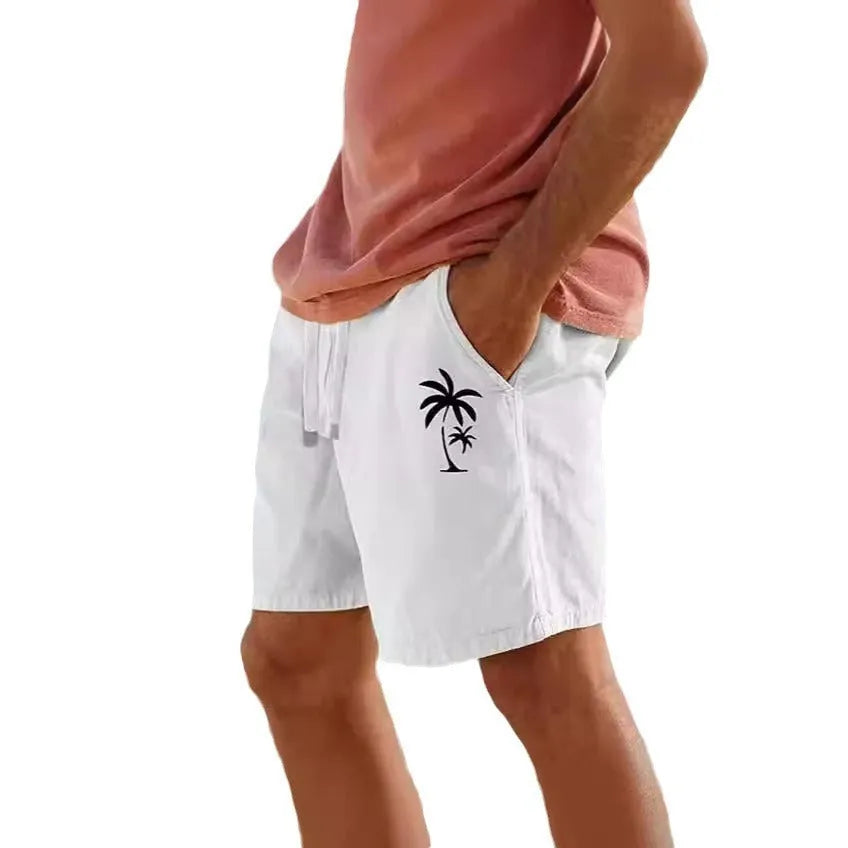 Men's straight leg beach shorts with drawstring elastic waistband and a heat transfer patch design.