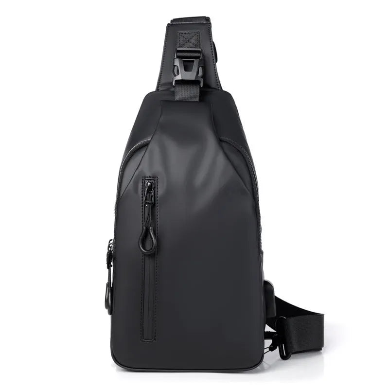 Black sling crossbody chest bag for men, simple city style, vertical square shape, zipper closure, soft surface, blue black grey