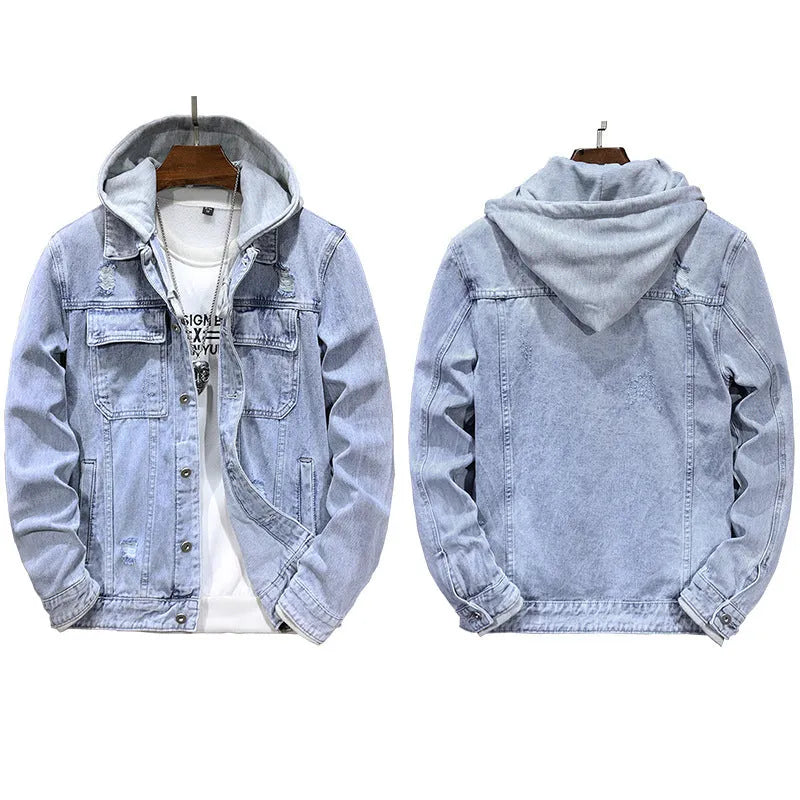 Men's light blue cotton denim jacket with detachable hood, regular fit, long sleeves, and straight hem on a plain background