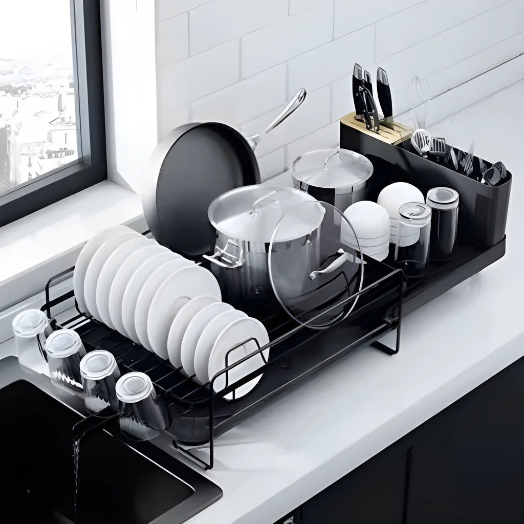 Retractable foldable carbon steel cutlery drying rack for kitchen knives and forks.