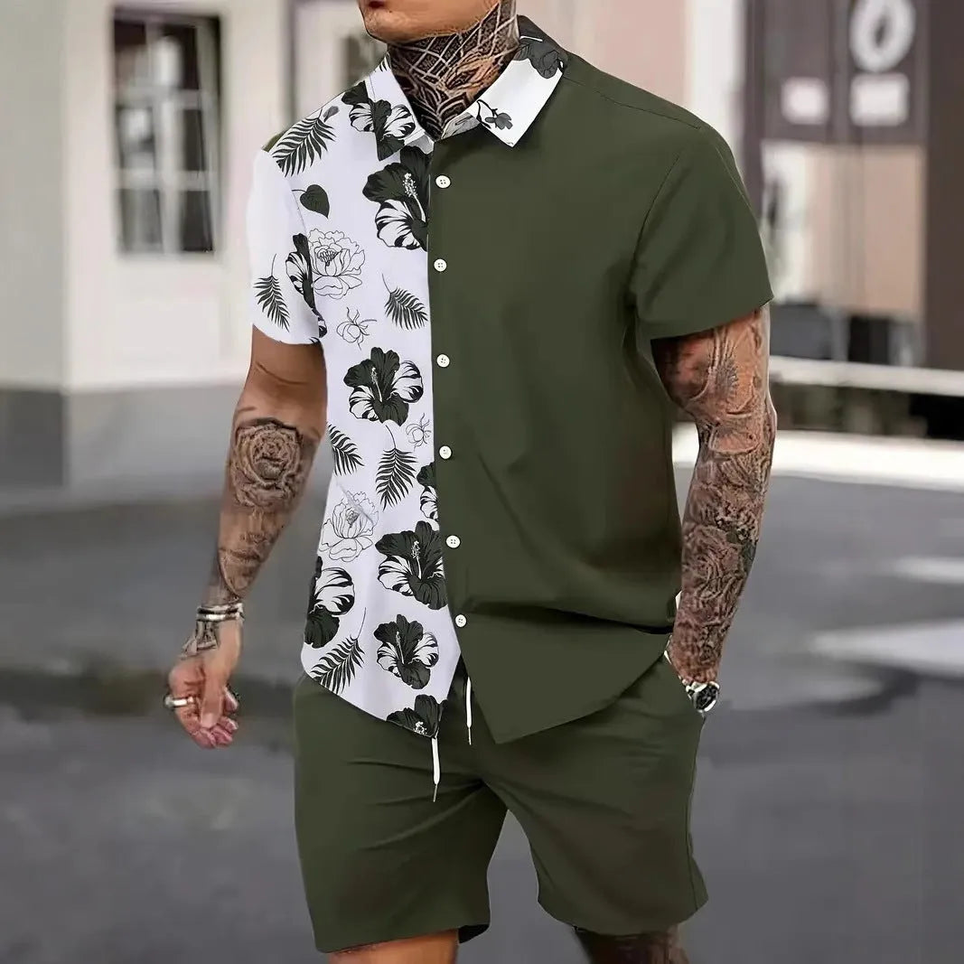 Man wearing a 3D printed Hawaiian pattern short sleeve shirt and matching shorts casual suit set.