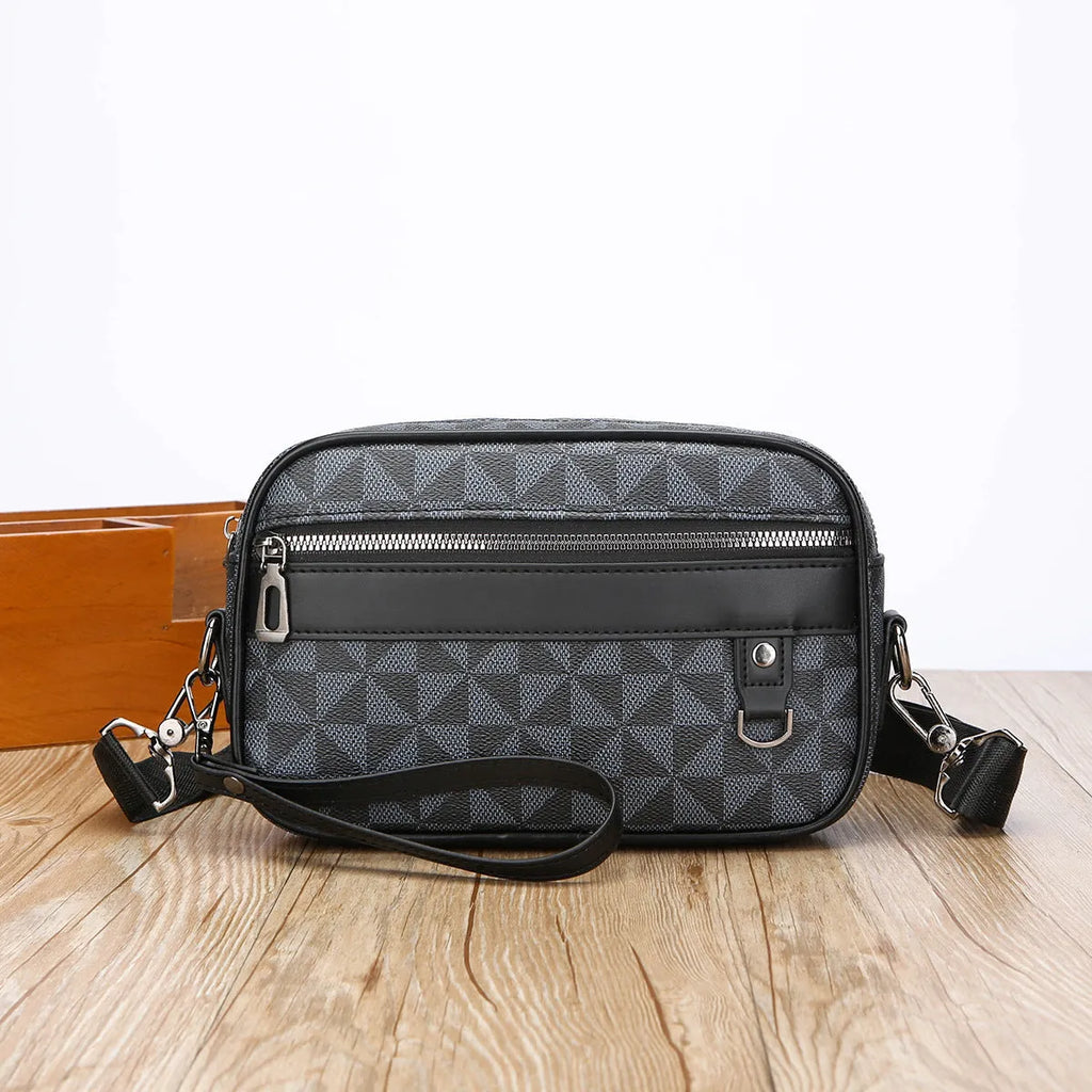 Large capacity men's messenger bag in 2206 Black with geometric pattern PU exterior and handheld design