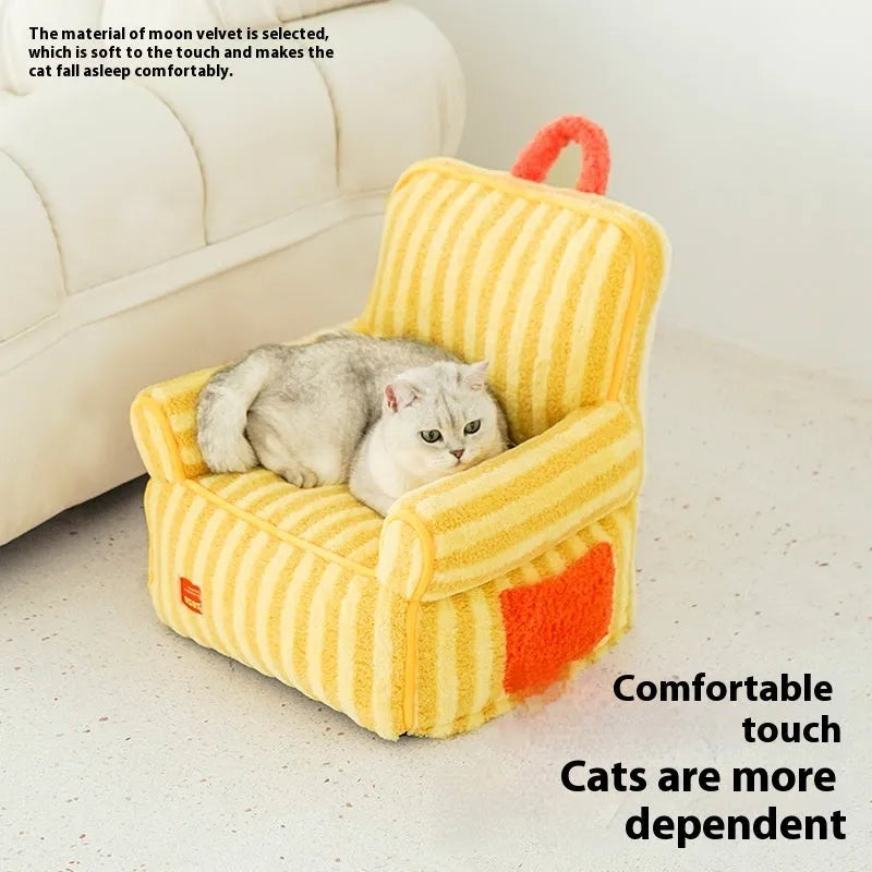 Striped orange soft velvet pet bed with a removable cover, shown as a complete pet house.