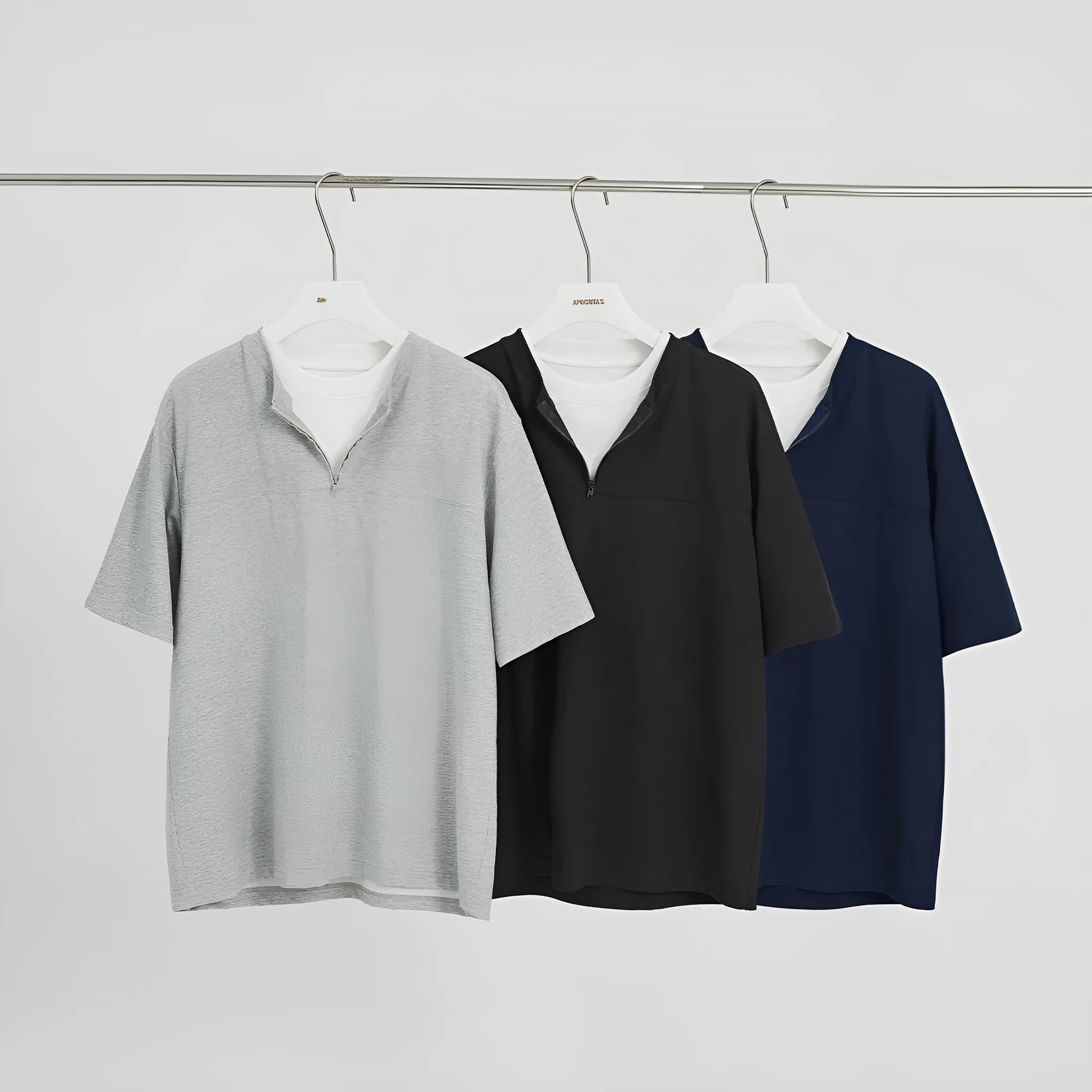 Women's cotton blend loose fit zip front pullover top with patchwork design in black, gray, and royal blue