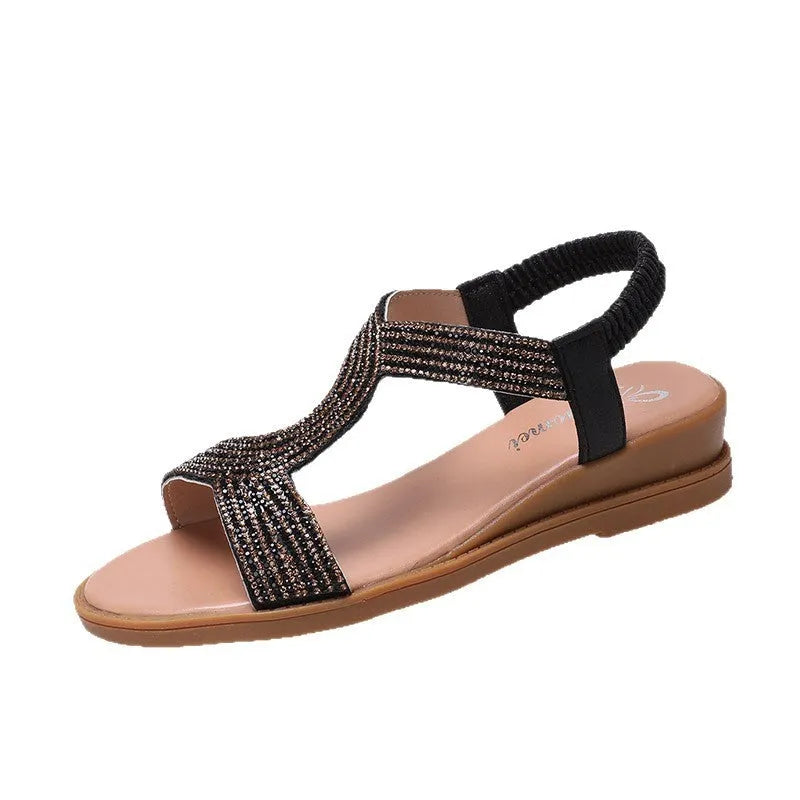 Women's patent leather beach sandals with rhinestone decoration in gold, silver or black colours