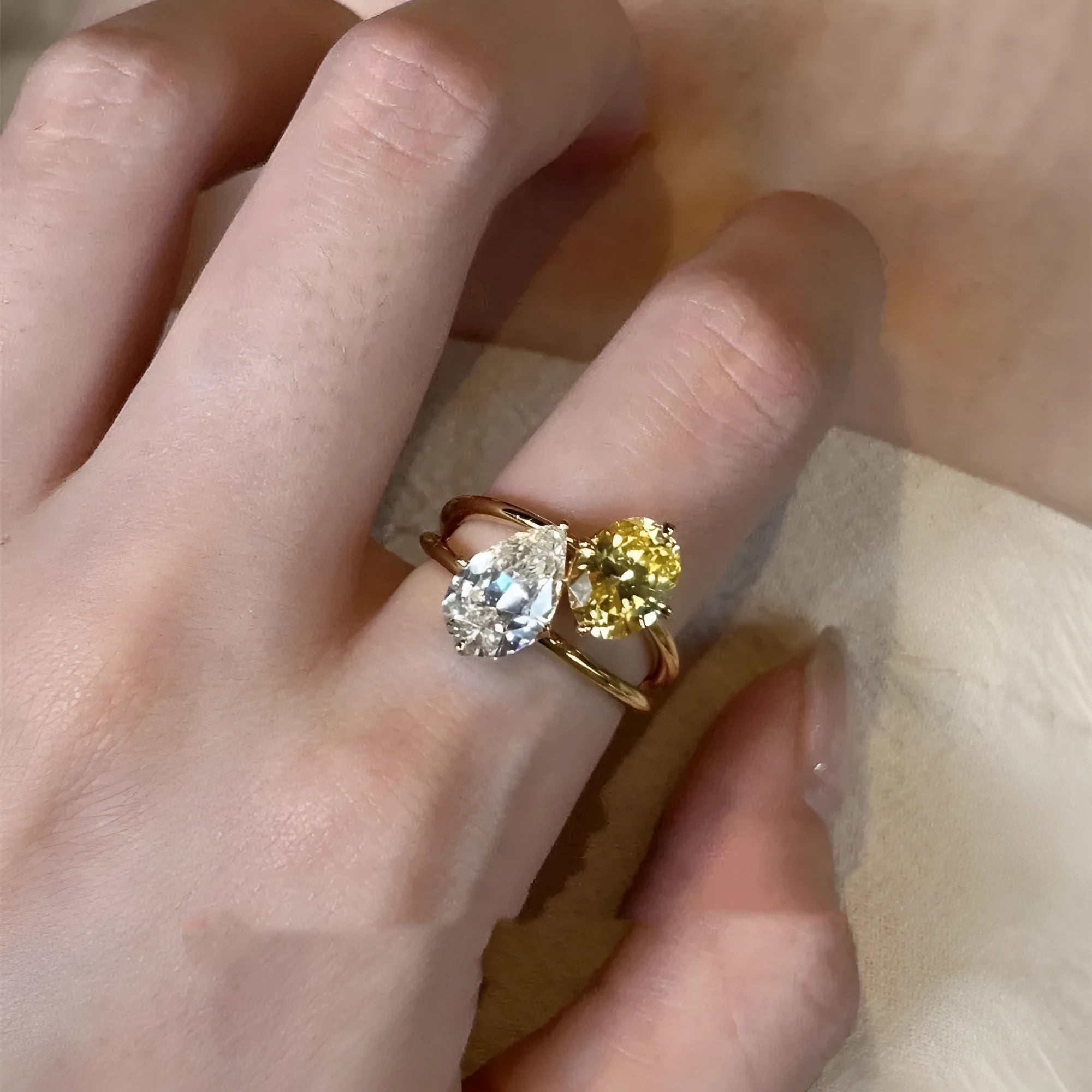 Women's geometric open ring with water drop contrast colour and zircon embellishment