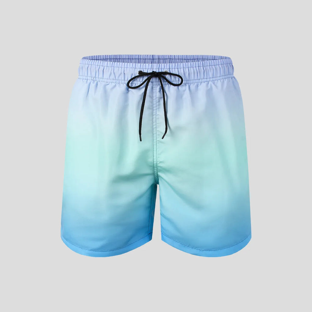 Men's gradient colour 3D digitally printed mesh sports shorts showing micro elasticity fabric