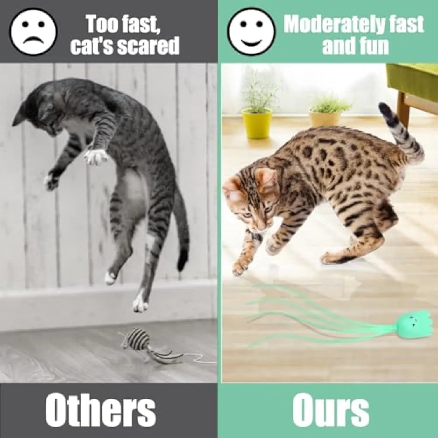 Green automatic electronic cat wand toy with a swinging silicone tail on a wooden floor.