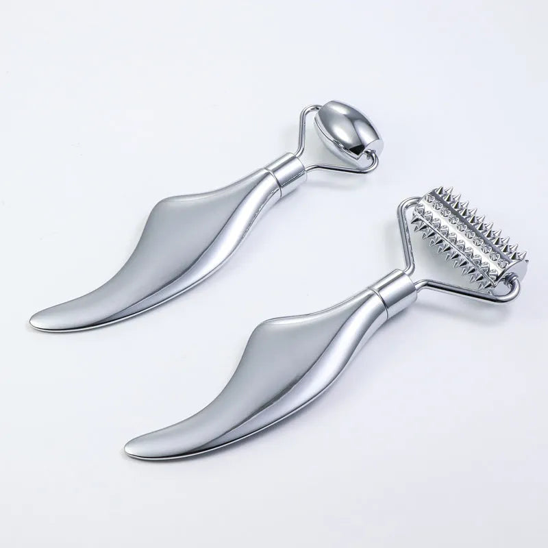 Stainless steel facial massage board set with double-head roller and heart-shaped scraping plate