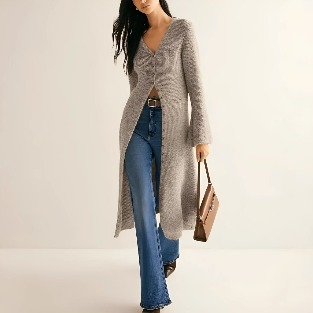 French style retro long sleeve cardigan coat in khaki with button front detail