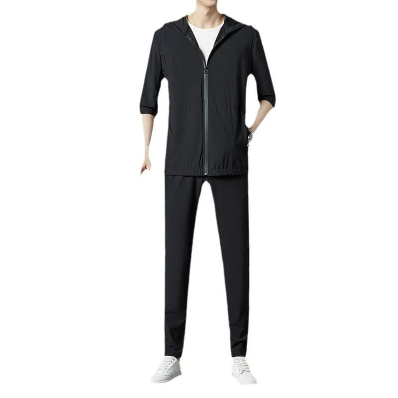 Korean style sun protective clothing suit in gray, loose hooded design with slit pockets