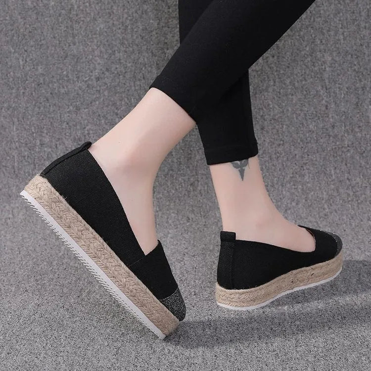 Plus size breathable canvas flat shoes round toe cloth upper available in black and beige