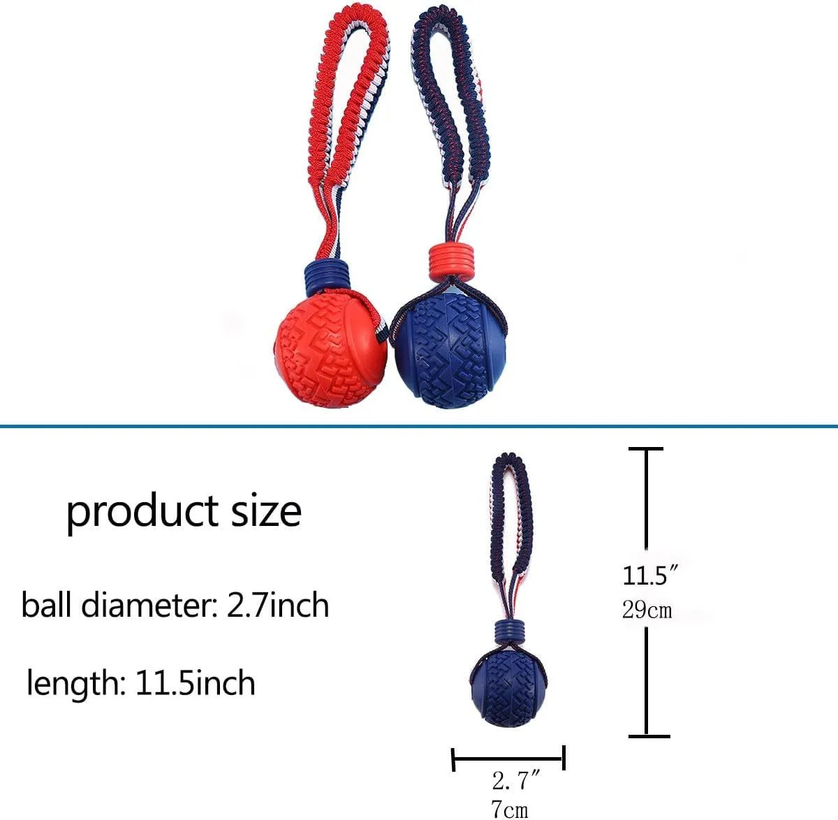 Blue and red durable rubber dog ball attached to a rope for tug-of-war and dental care.