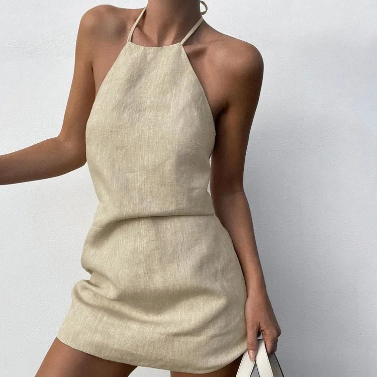 Women's summer linen A-line dress in solid colour, shown on model, available in sizes S M L