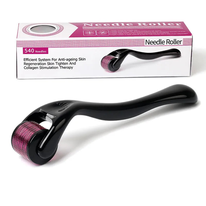 Black and purple titanium microneedle derma rollers showing the 540-needle head and ergonomic handle.