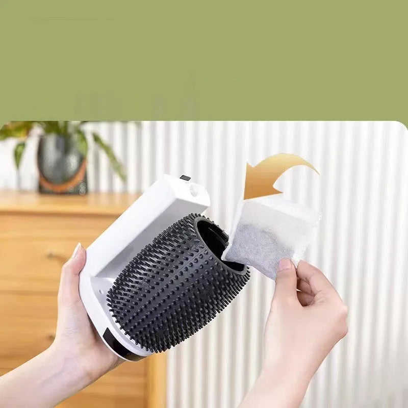 White automatic cat self groomer wall corner brush with ABS frame and silicone bristles, 133 x 96 x 160mm
