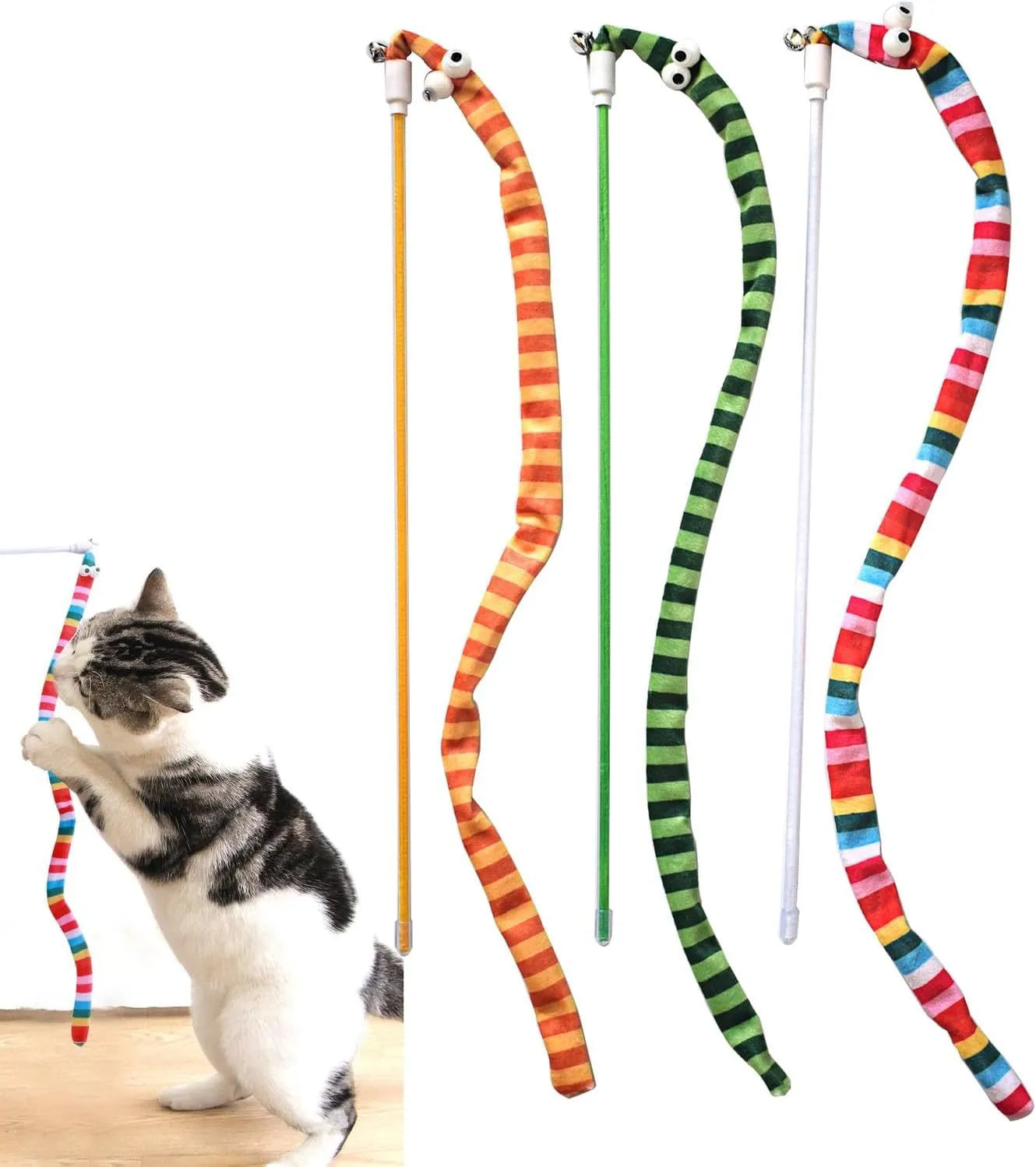 Cat wand toy with polycarbonate pole and long plush strip in rainbow colours with bell attachment
