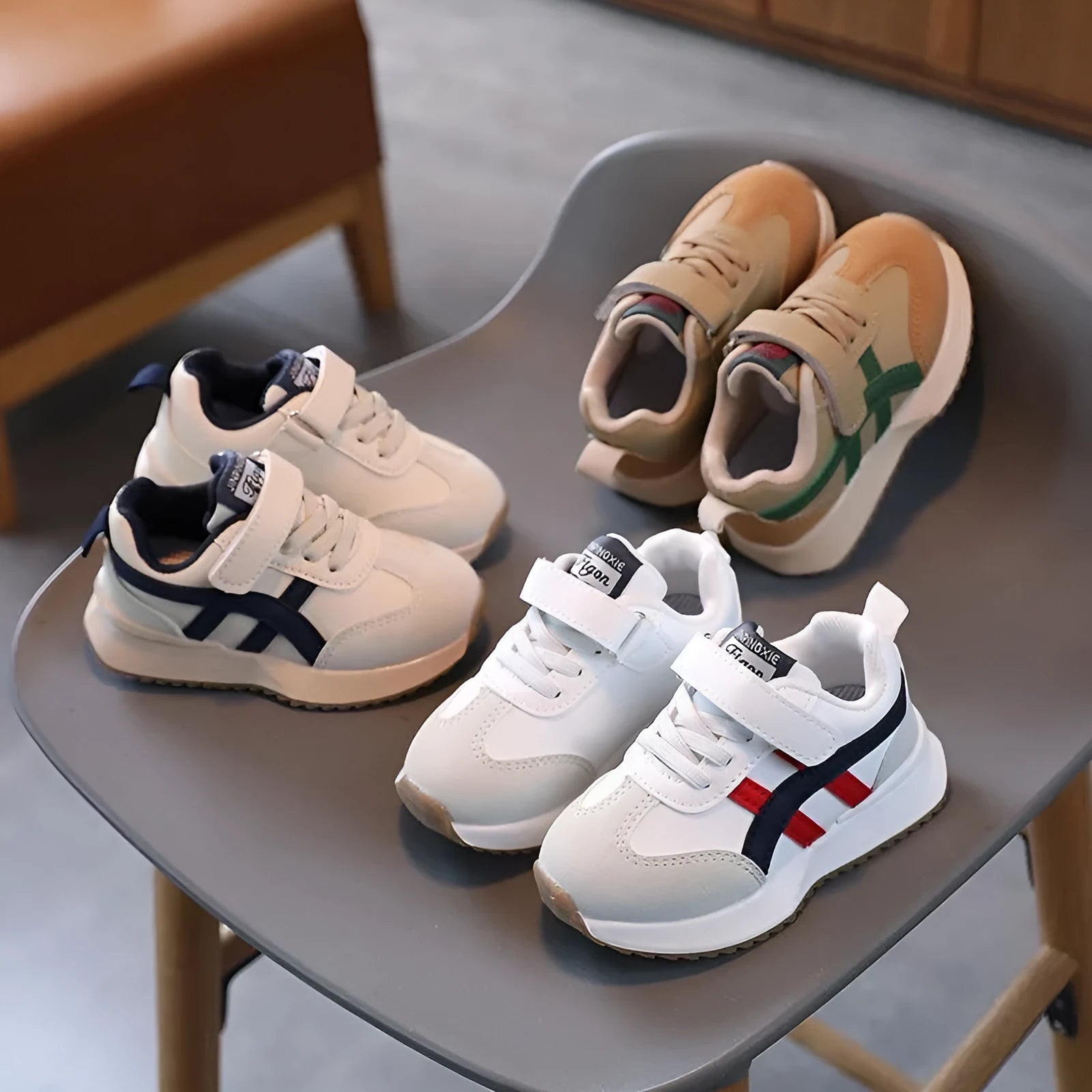 Children's synthetic leather sneakers with Velcro closure in white, beige, and khaki colours