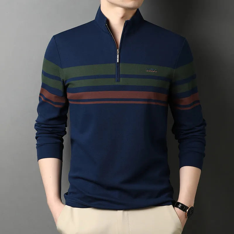 Men's cotton stand collar long sleeve T-shirt in green, front view, size 48 to 56