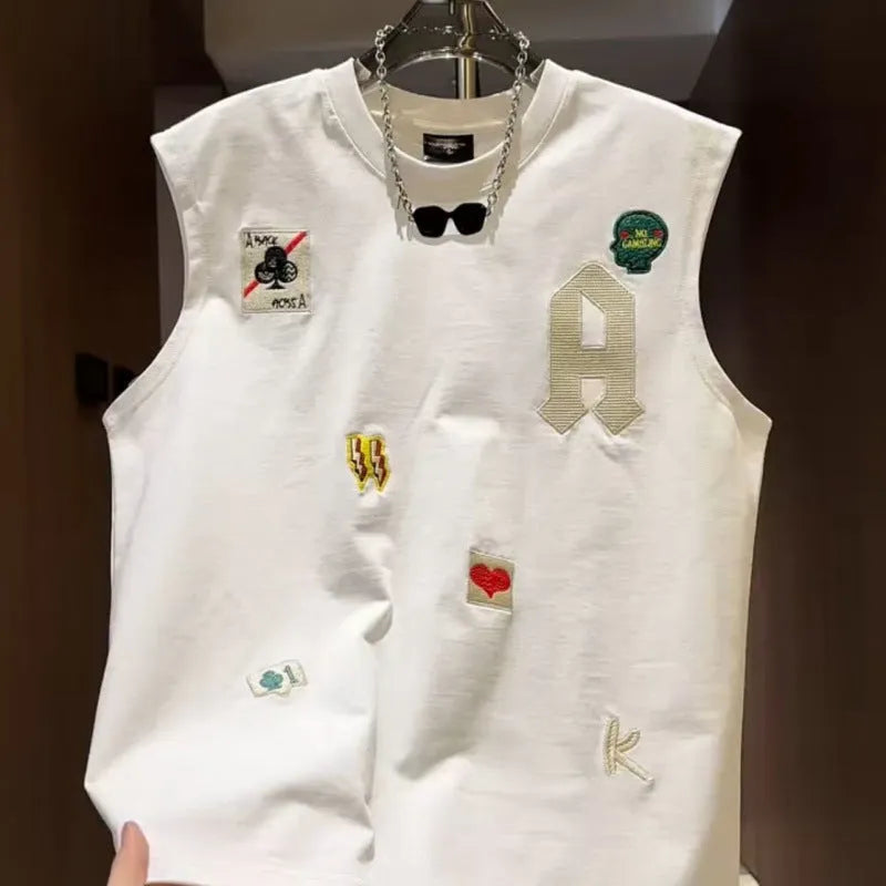 Men cartoon printed cotton sleeveless vest T-shirt in black, loose fit, youth fashion style
