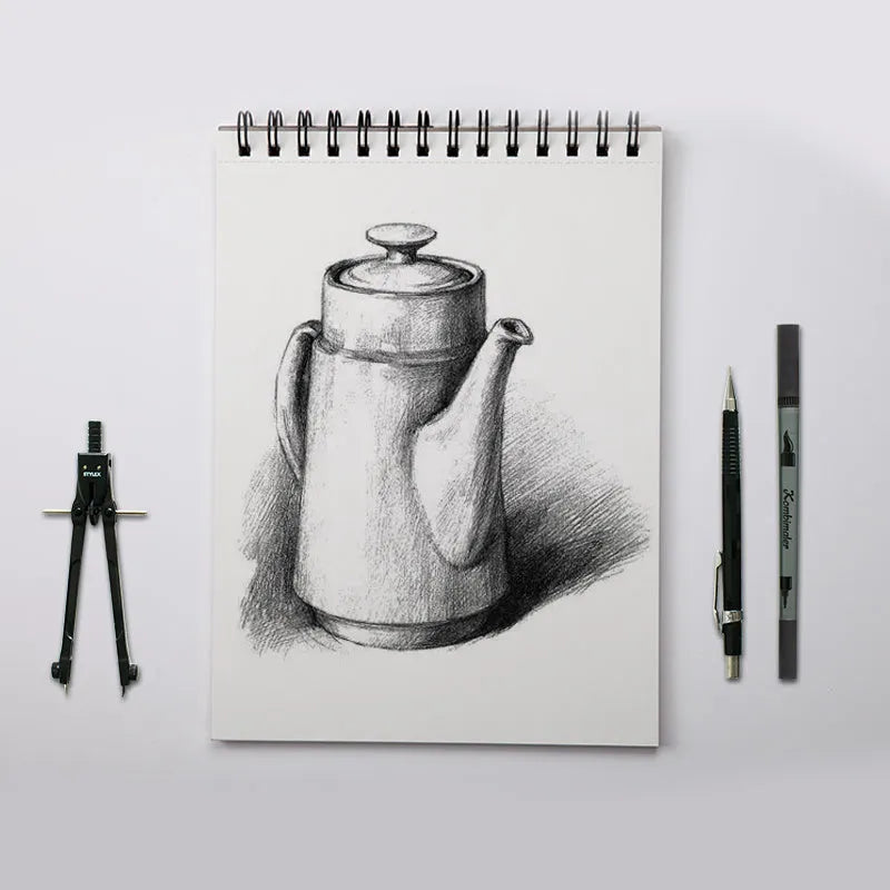 A4 coil-bound sketchbook with blank pages and 160g paper, open on a table