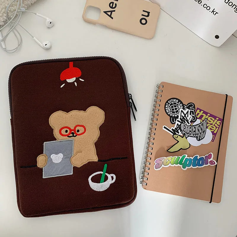 Coffee colour cotton laptop bag liner with bear design, zipper closure, available in 11 13 15 inch sizes