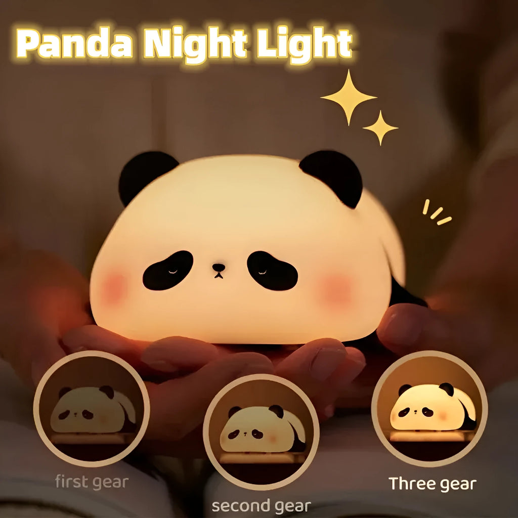 Cute panda-shaped night light made of BPA-free silicone on a bedside table