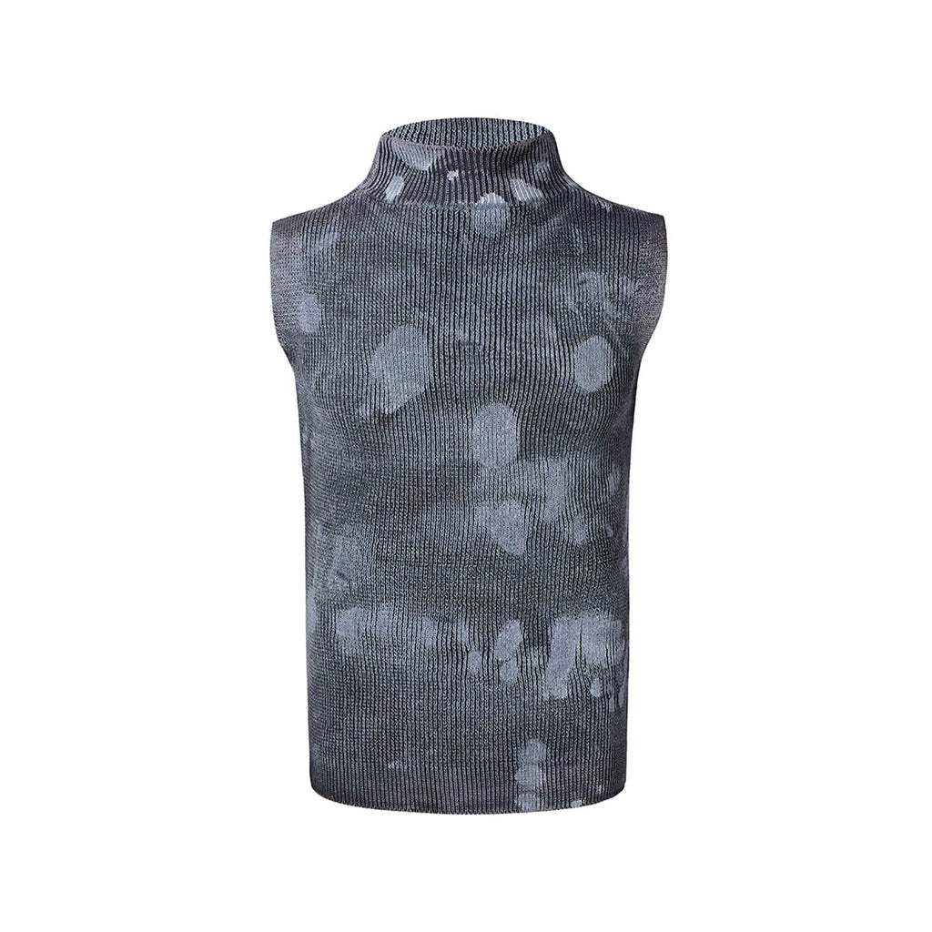 Men's silver pastebrushing wool stretch turtleneck sleeveless vest in black, front view