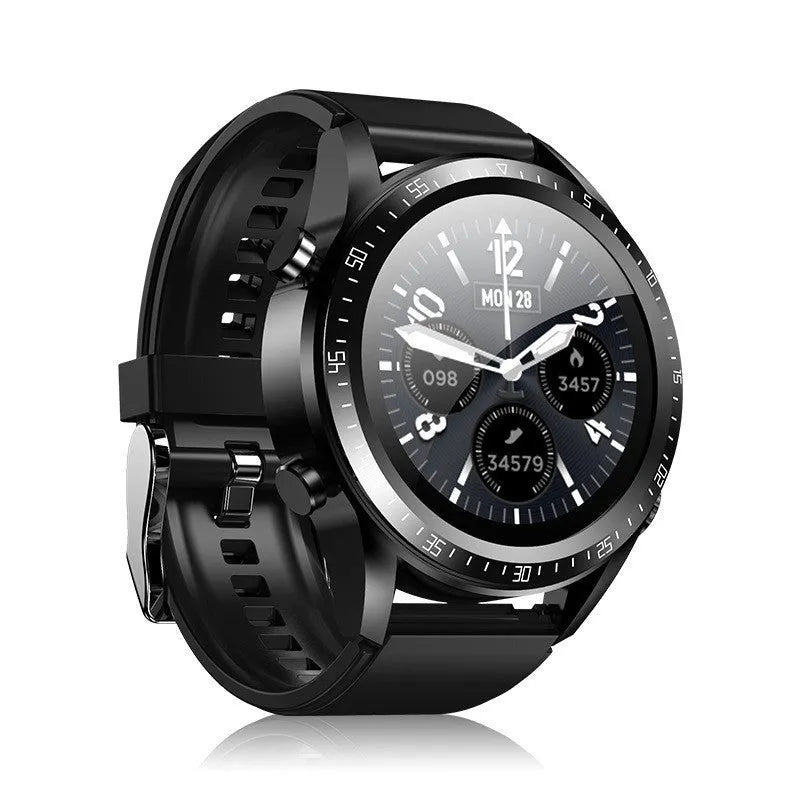 Black smart watch with blood pressure monitoring on silicone strap showing 1.28-inch screen