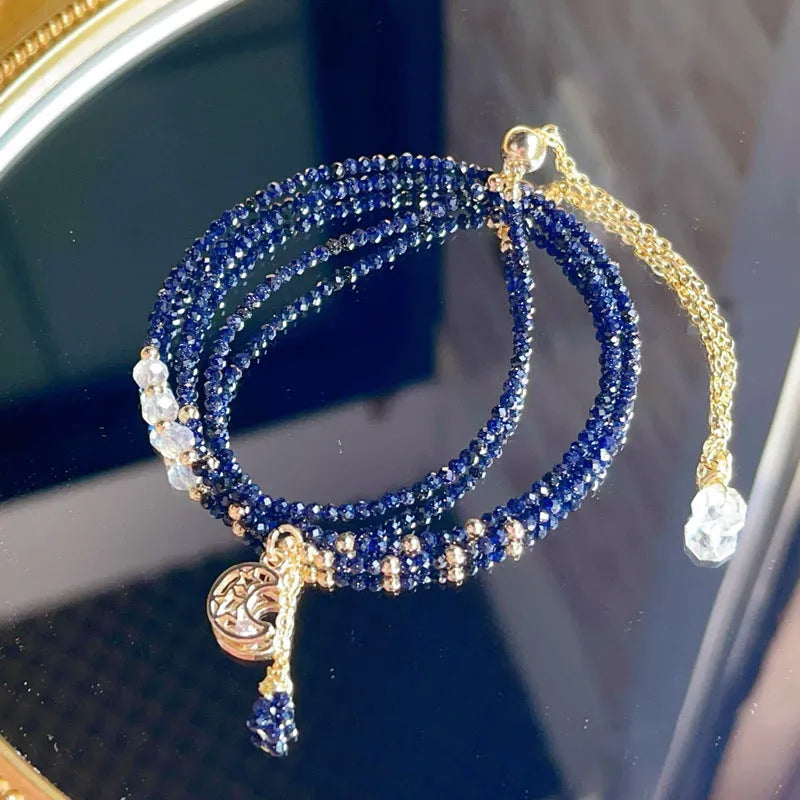Blue and gold sand stone cut layered bracelet with three-ring clasp for women