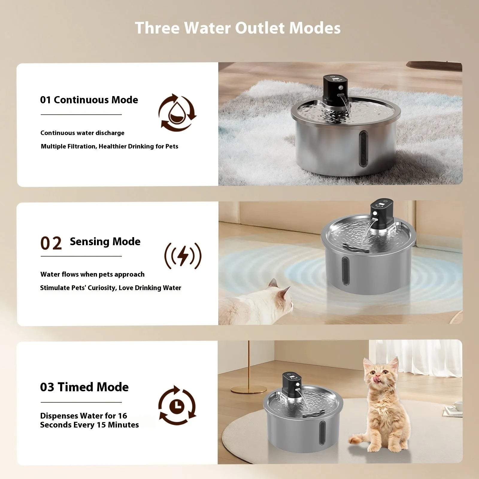 Stainless steel heated water fountain for cats and dogs with nine temperature settings