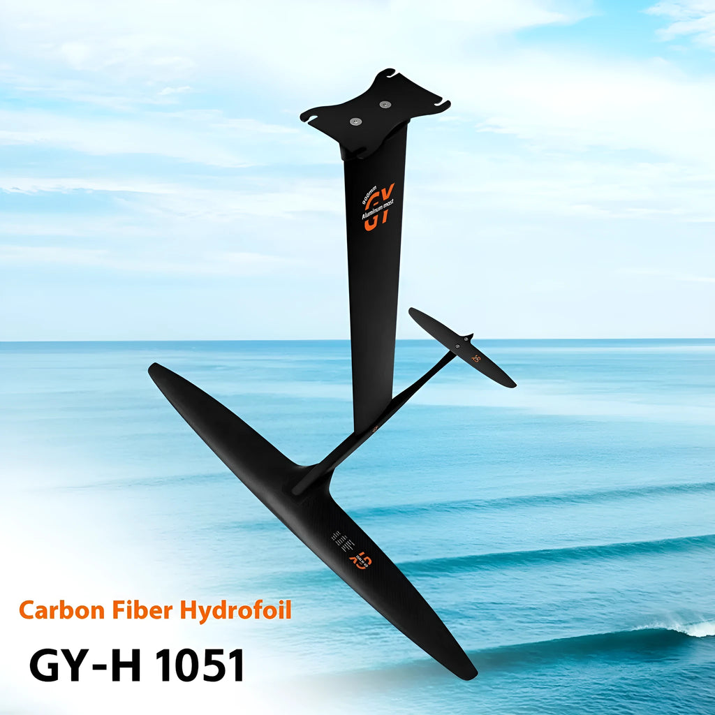 Black carbon fibre and aluminium alloy hydrofoil for surfing with 1051mm wide front wing