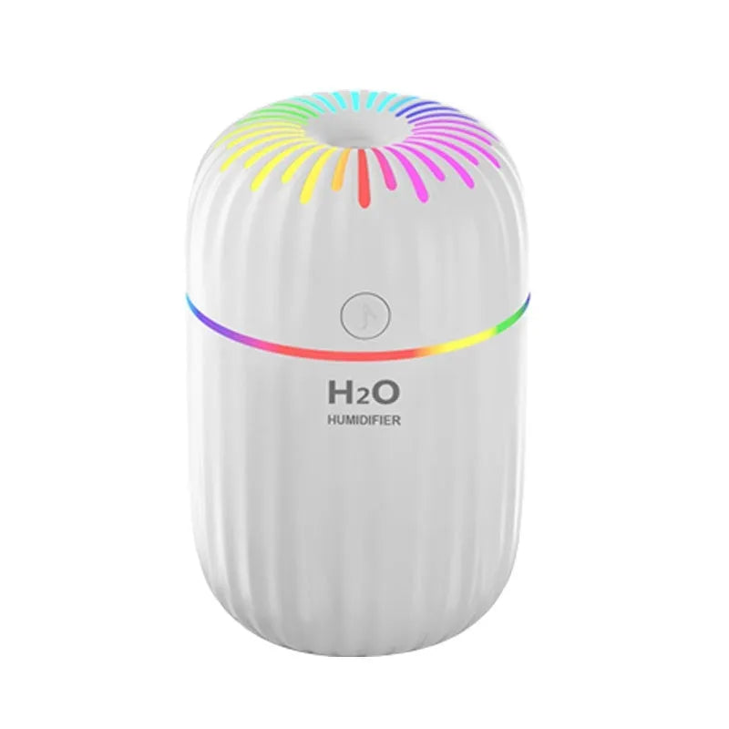 Small white USB desktop humidifier with fireworks design beside measurement showing 75mm width