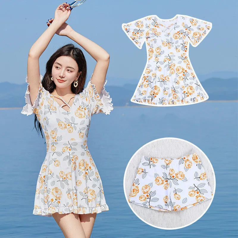 Women's high waist slimming printed one-piece swimsuit with floral pattern in white flowers and blue pattern, sizes M-XXL