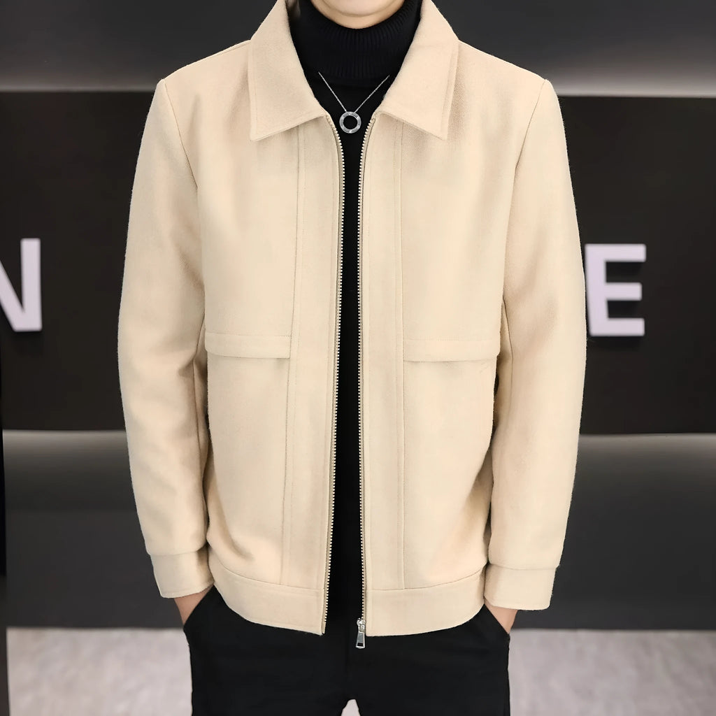 East Season khaki casual jacket with a polo collar and side seam pockets on a model.