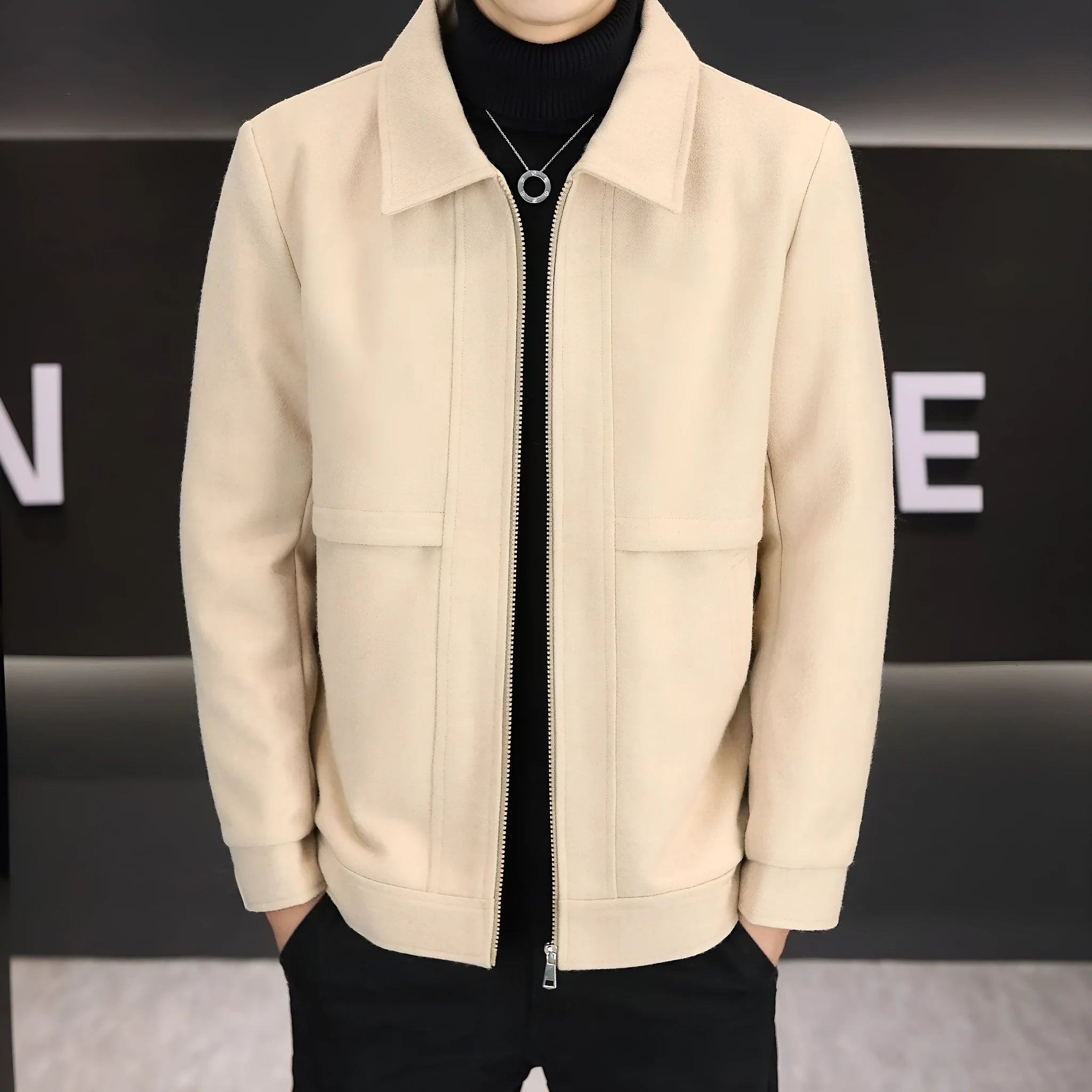 East Season khaki casual jacket with a polo collar and side seam pockets on a model.