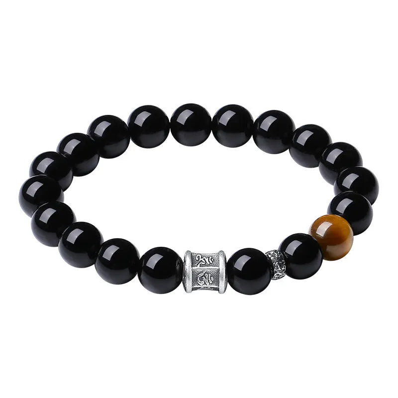 Obsidian six-word mantra bracelet for men, hand-woven 10mm beads, prayer wheel design, black colour