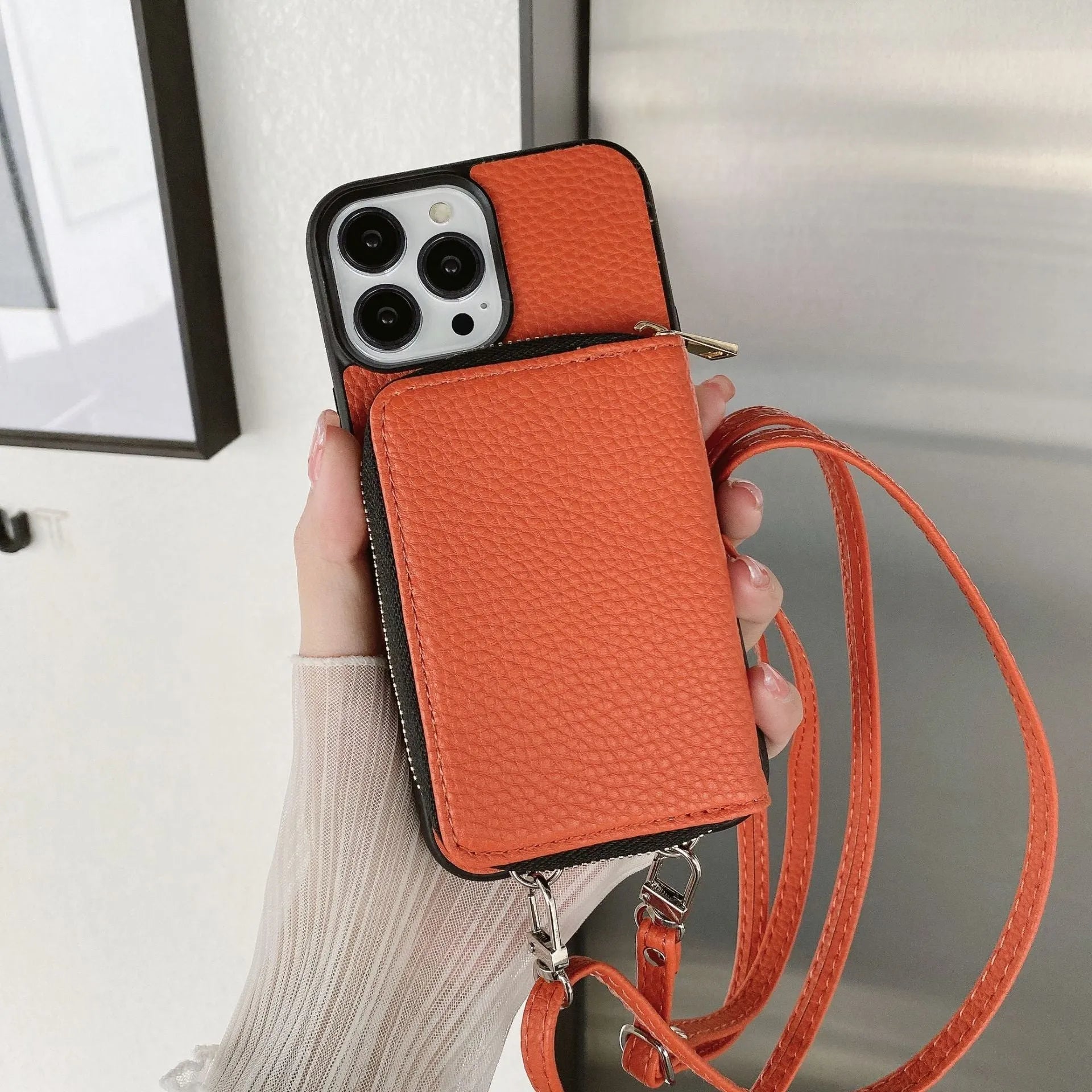 Litchi patterned PC and leather phone protective case for iPhone 12-14 in black with textured back and precise cutouts