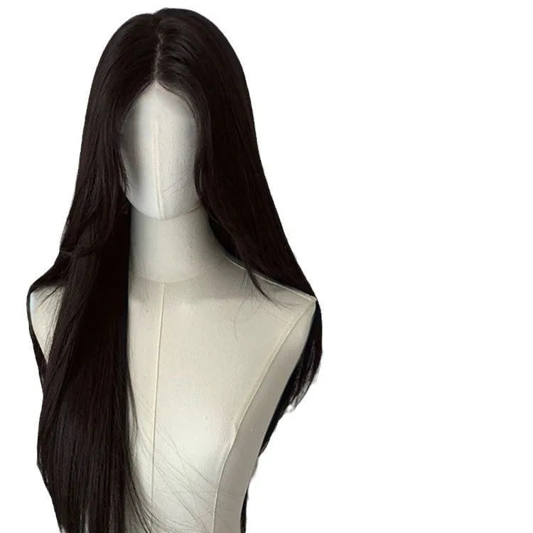 Forehead lace long straight hair full-head wig with side bangs in dark brown