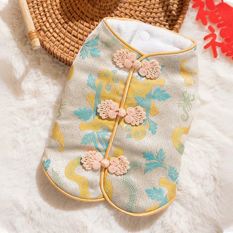 Red cheongsam pet vest with decorative knot buttons, floral and fruit patterns, for Lunar New Year