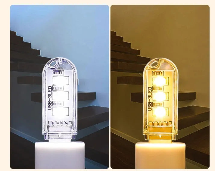 Small white USB LED night light for baby nursery with white and warm light settings.