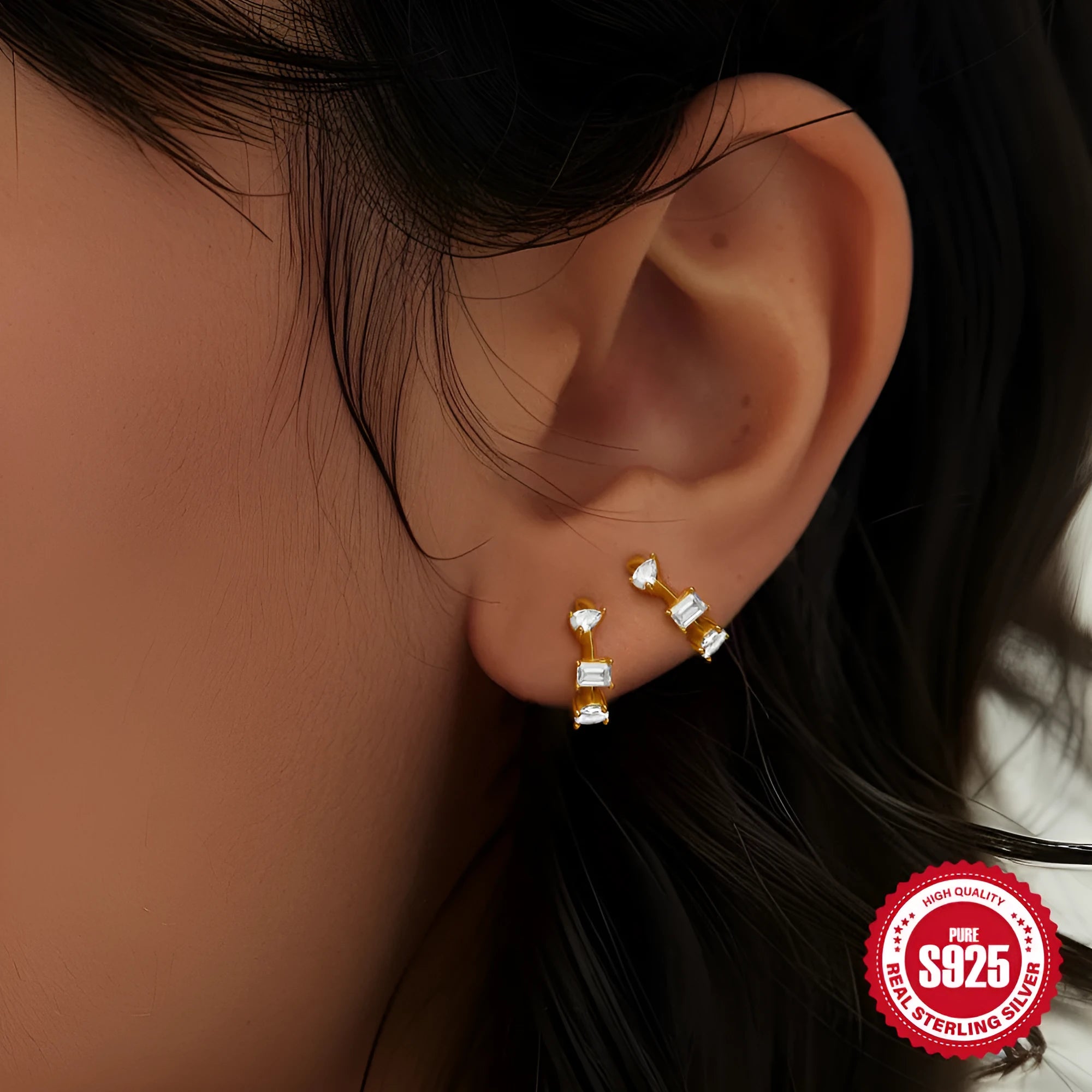 Small round geometric sterling silver stud earrings with an electroplated gold or silver finish.