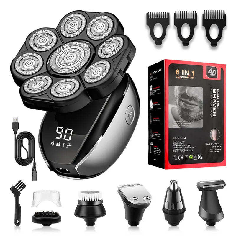 Black 6-in-1 multifunctional hair clipper set with attachments including shaver, trimmer, and combs